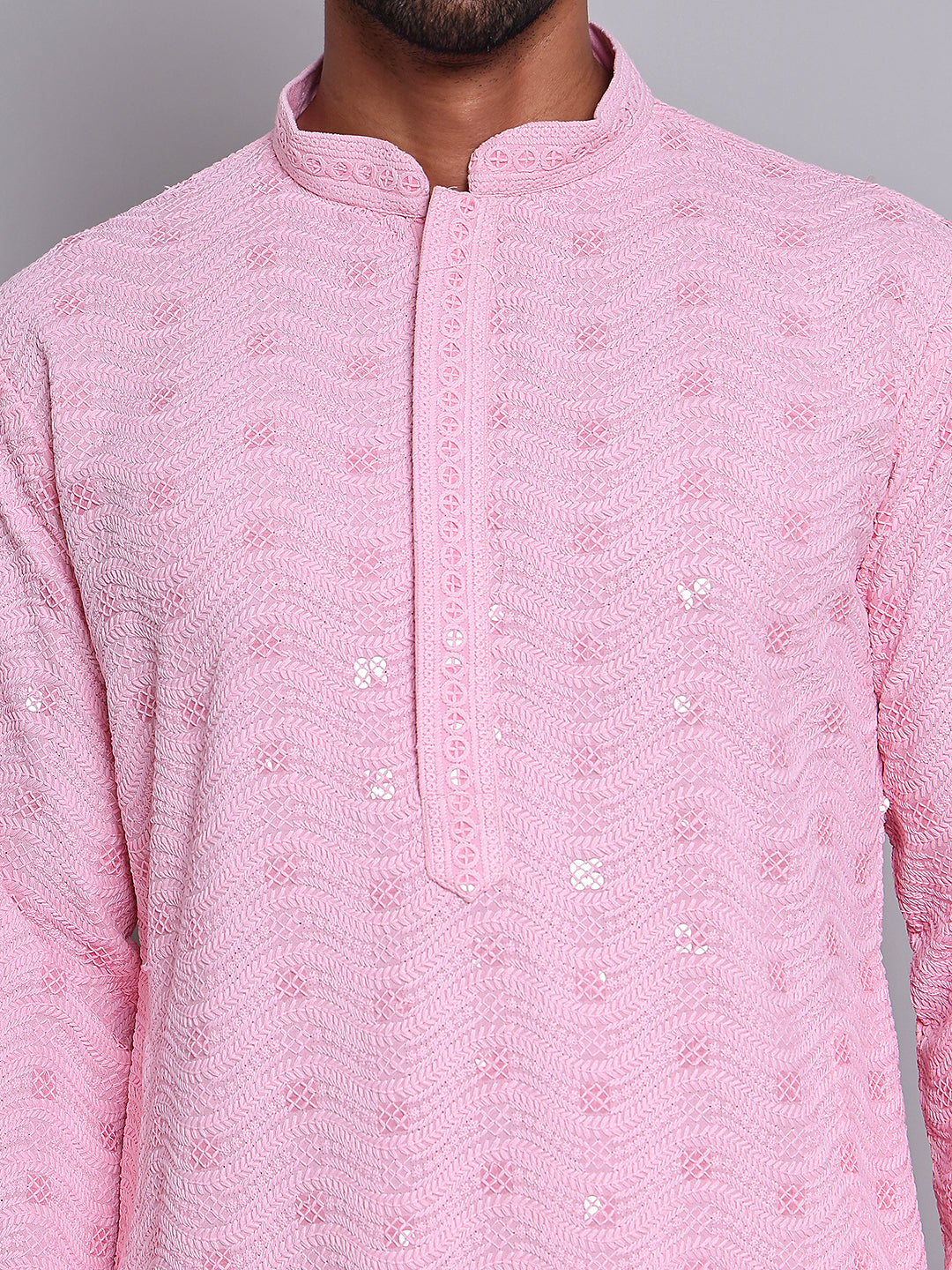 Men's Embroidered and Sequence Kurta Pyjama Sets ( JOKP 5145Pink )