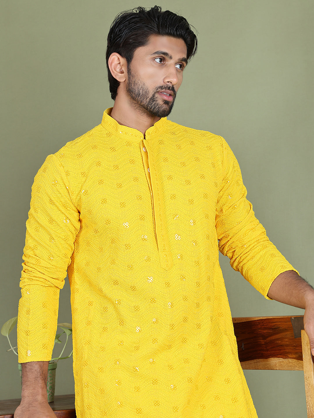 Men's Embroidered and Sequence Kurta Pyjama Sets ( JOKP 5145Yellow )