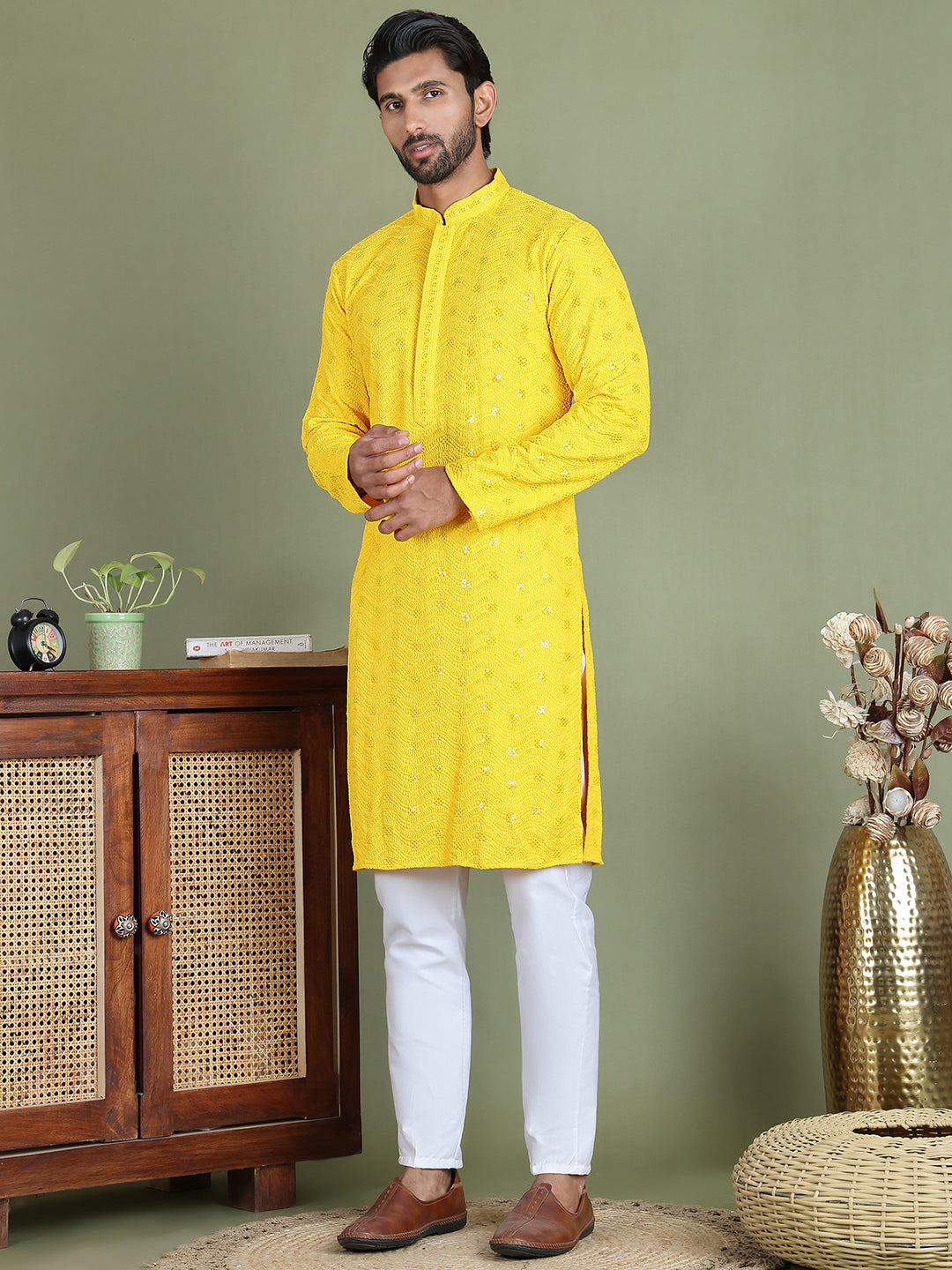 Men's Embroidered and Sequence Kurta Pyjama Sets ( JOKP 5145Yellow )