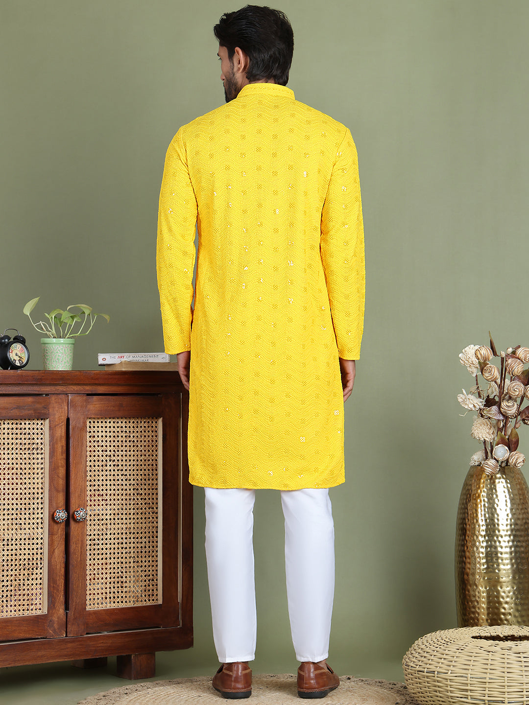 Men's Embroidered and Sequence Kurta Pyjama Sets ( JOKP 5145Yellow )