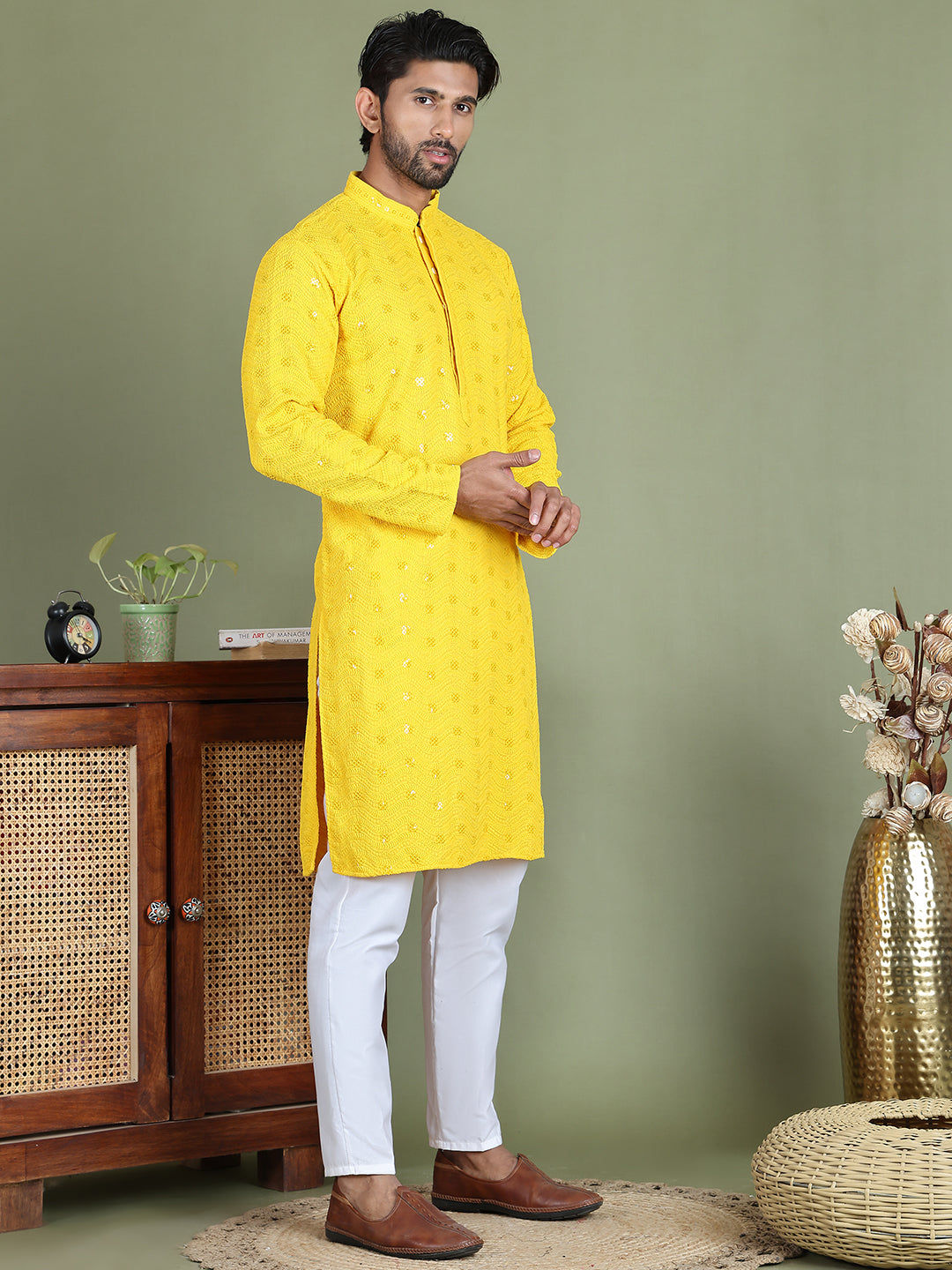Men's Embroidered and Sequence Kurta Pyjama Sets ( JOKP 5145Yellow )