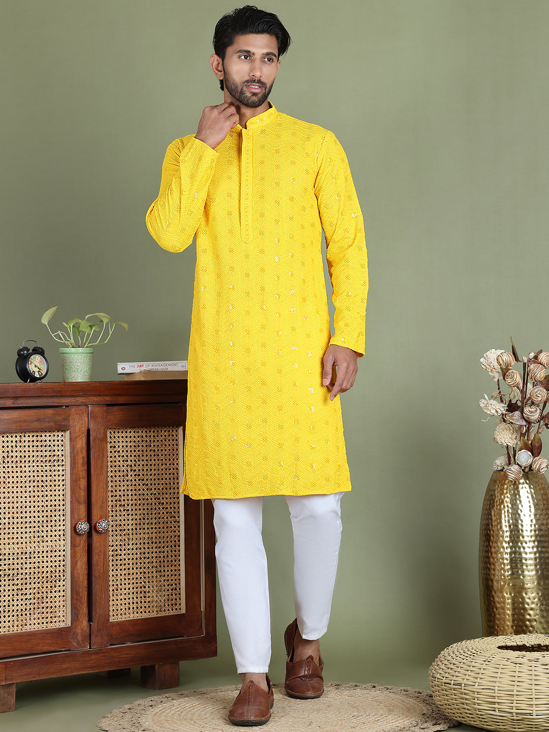Men's Embroidered and Sequence Kurta Pyjama Sets ( JOKP 5145Yellow )