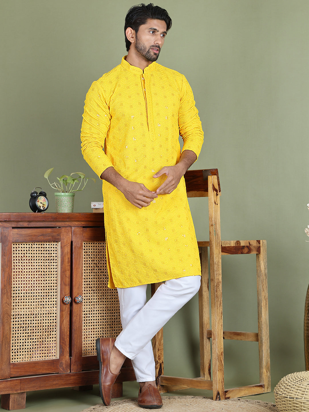 Men's Embroidered and Sequence Kurta Pyjama Sets ( JOKP 5145Yellow )