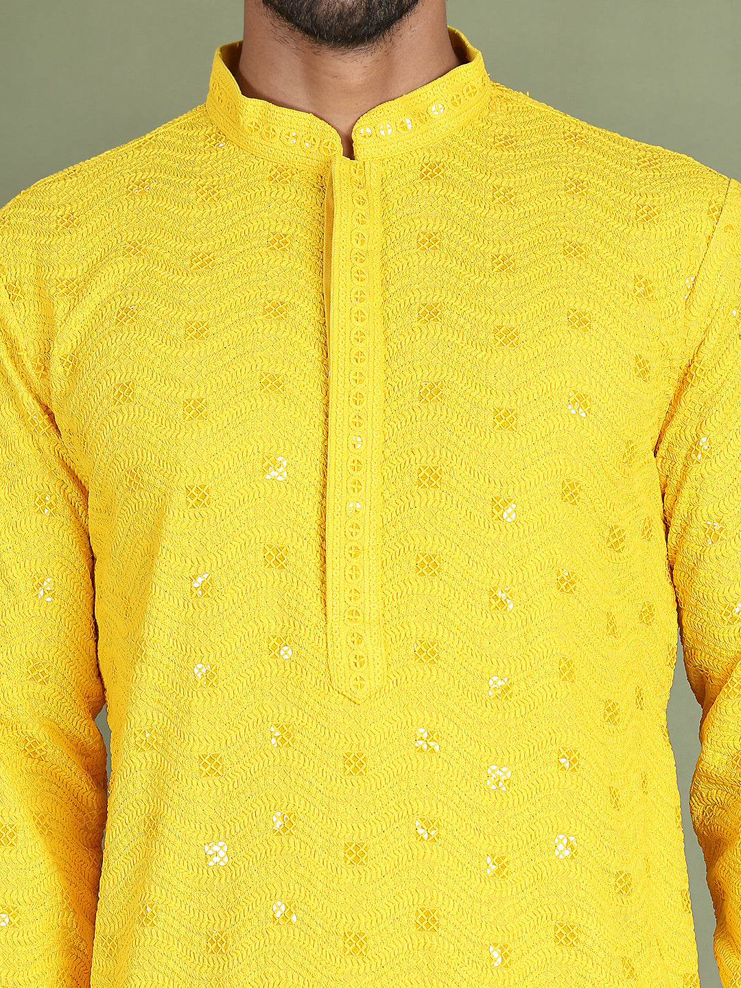 Men's Embroidered and Sequence Kurta Pyjama Sets ( JOKP 5145Yellow )