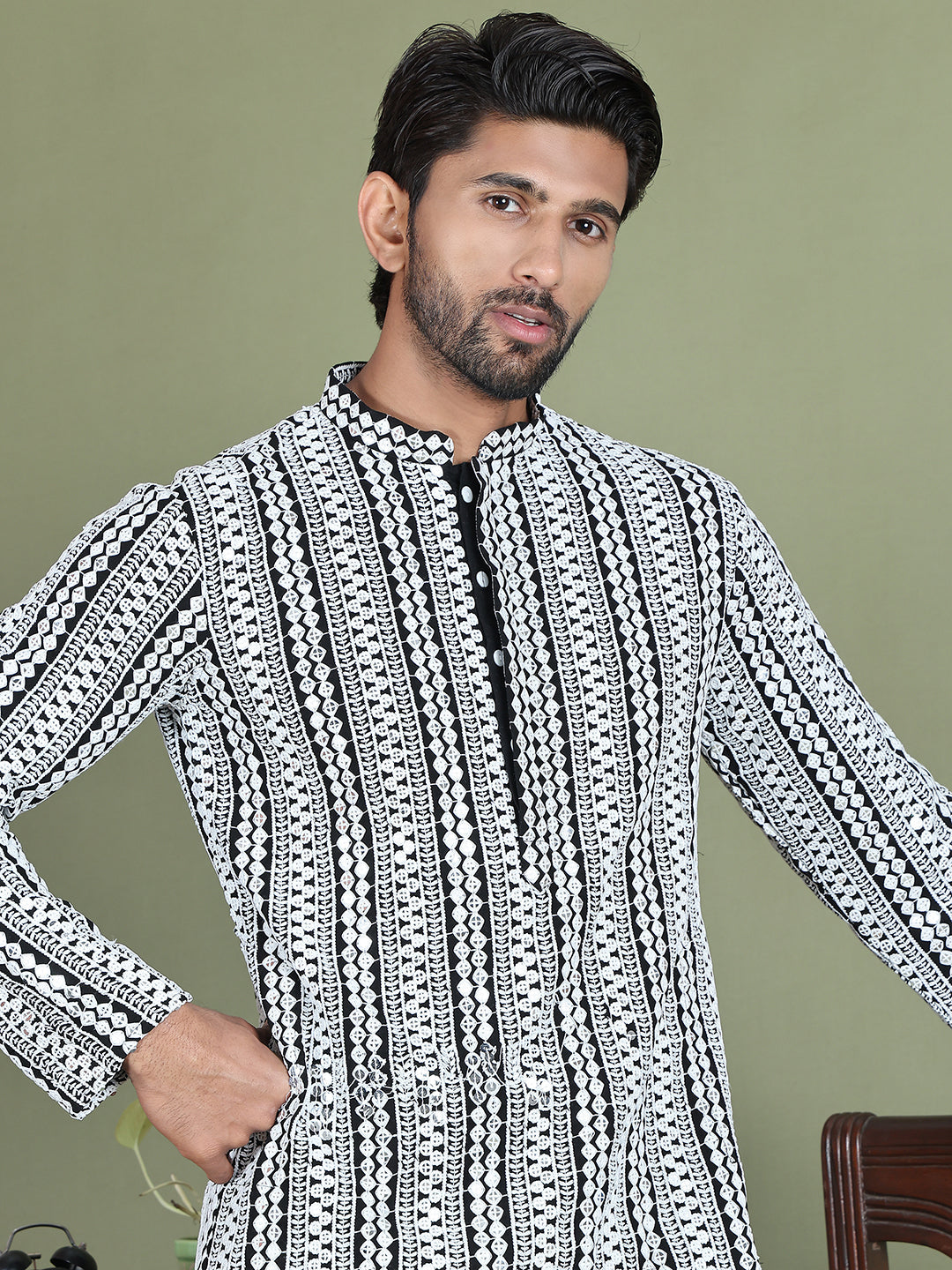 Embroidered and Mirror Work Kurta Pyjama Sets ( JOKP 5146Black )