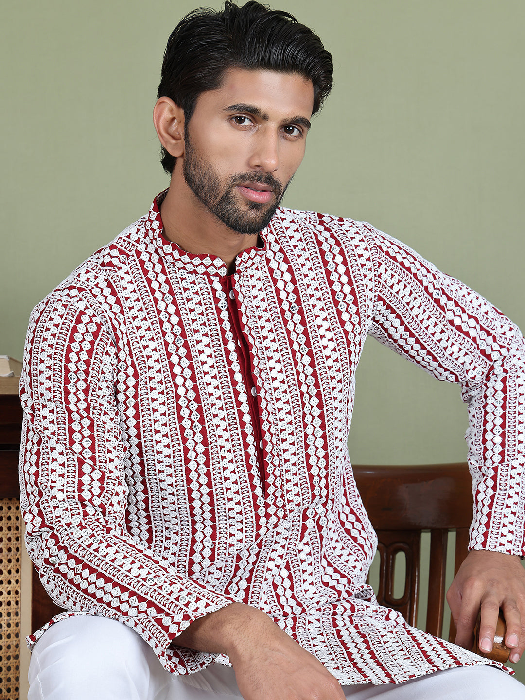 Embroidered and Mirror Work Kurta Pyjama Sets ( JOKP 5146Maroon )