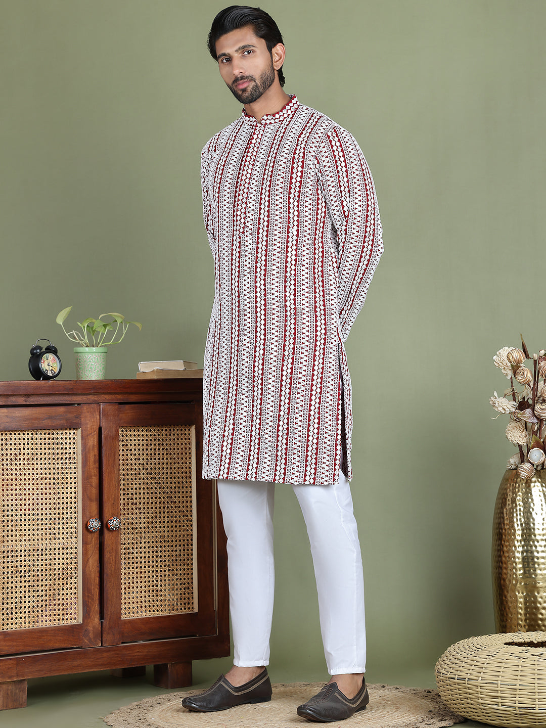 Embroidered and Mirror Work Kurta Pyjama Sets ( JOKP 5146Maroon )