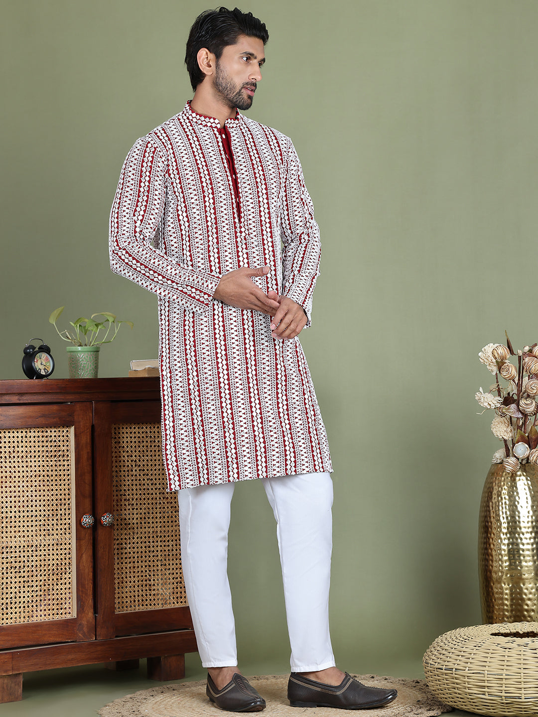 Embroidered and Mirror Work Kurta Pyjama Sets ( JOKP 5146Maroon )