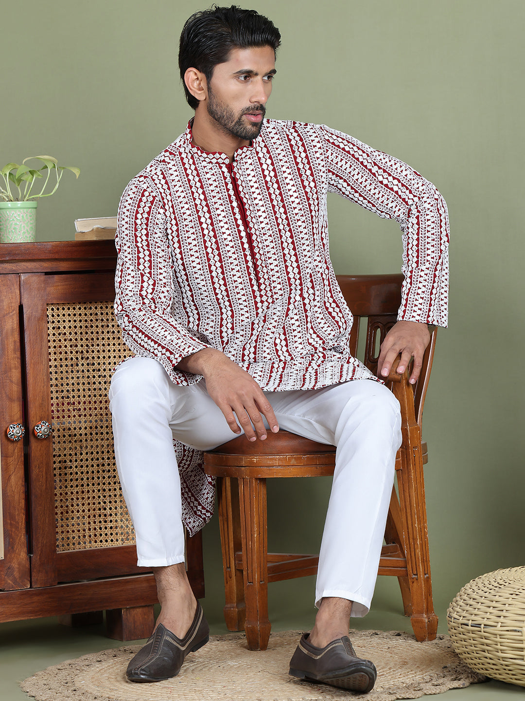 Embroidered and Mirror Work Kurta Pyjama Sets ( JOKP 5146Maroon )