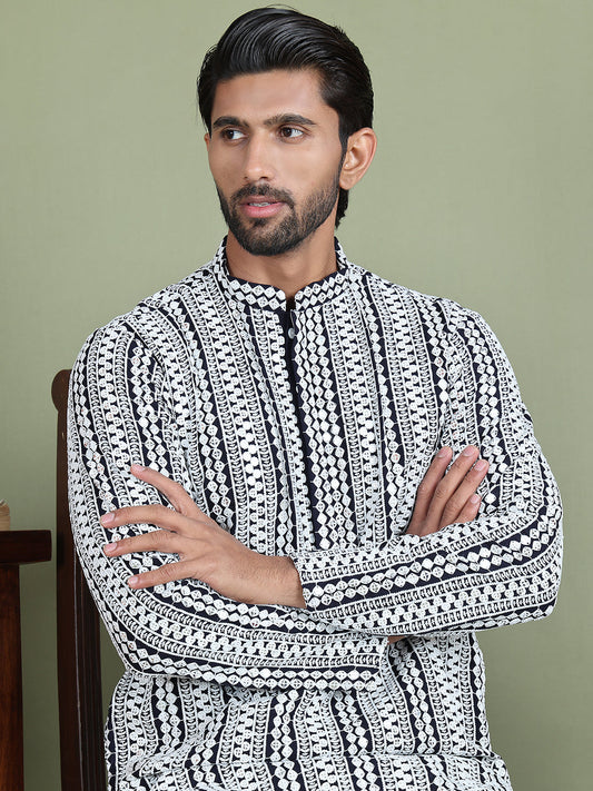 Embroidered and Mirror Work Kurta Pyjama Sets ( JOKP 5146Navy )