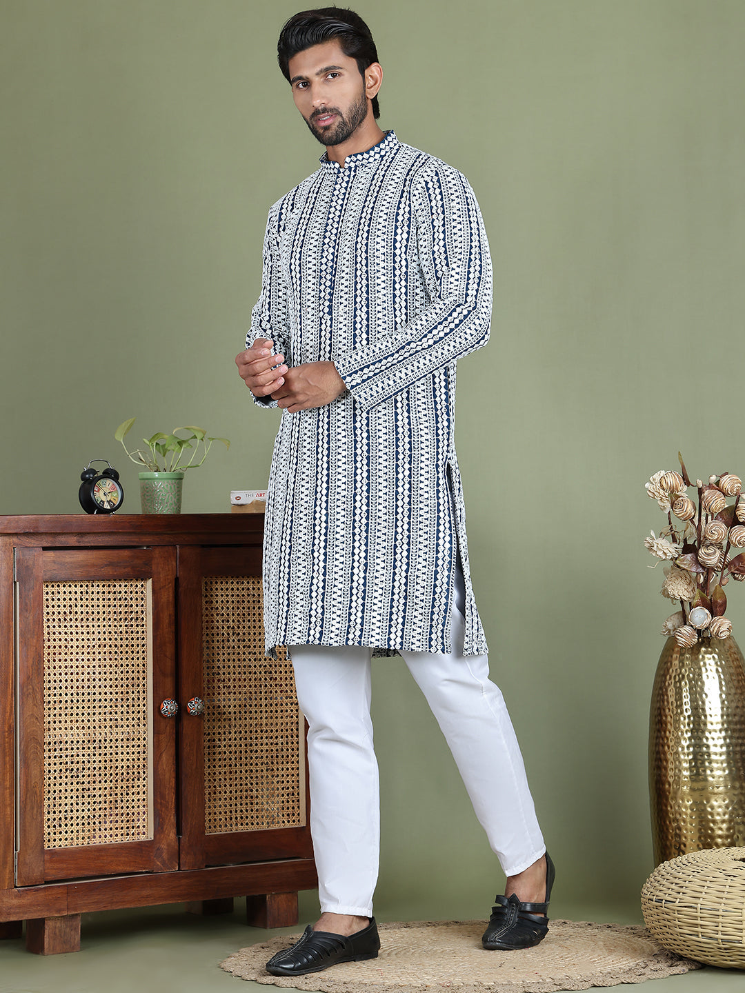 Embroidered and Mirror Work Kurta Pyjama Sets ( JOKP 5146Peacock )