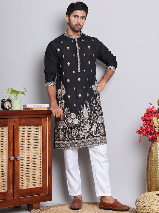 Floral Embroidered and Sequins Kurta Set ( JOKP 5147Black )