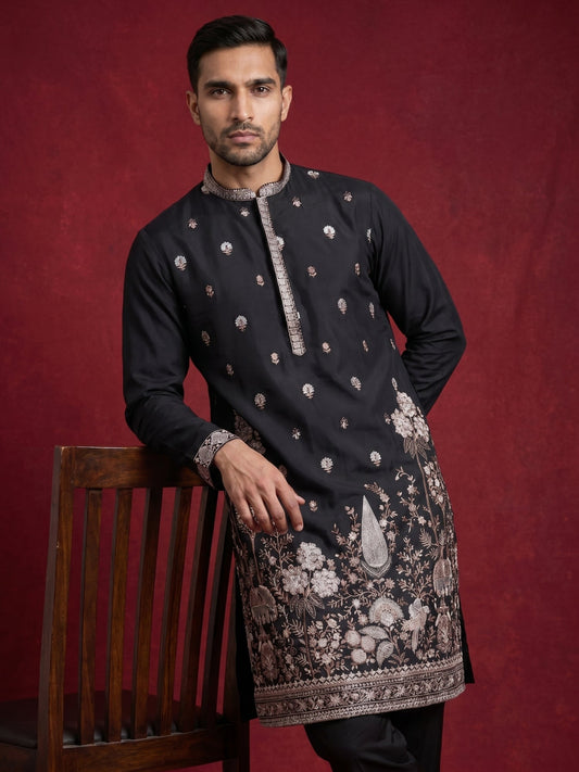 Floral Embroidered and Sequins Kurta Set ( JOKP B-P 5147Black )