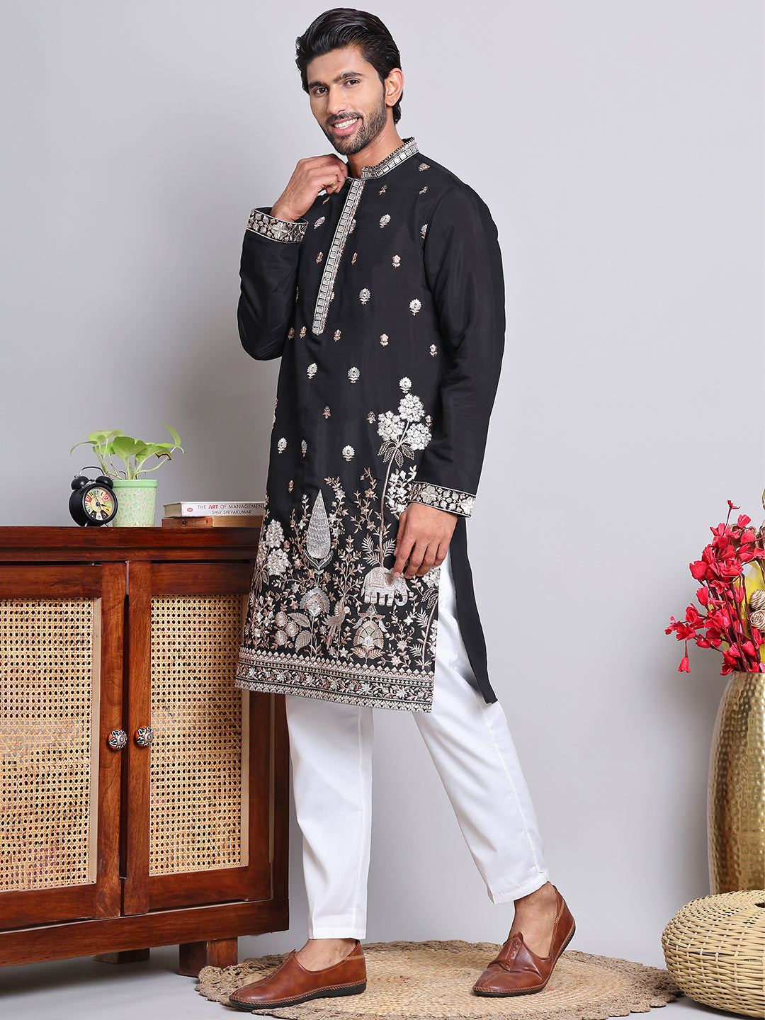 Floral Embroidered and Sequins Kurta Set ( JOKP 5147Black )