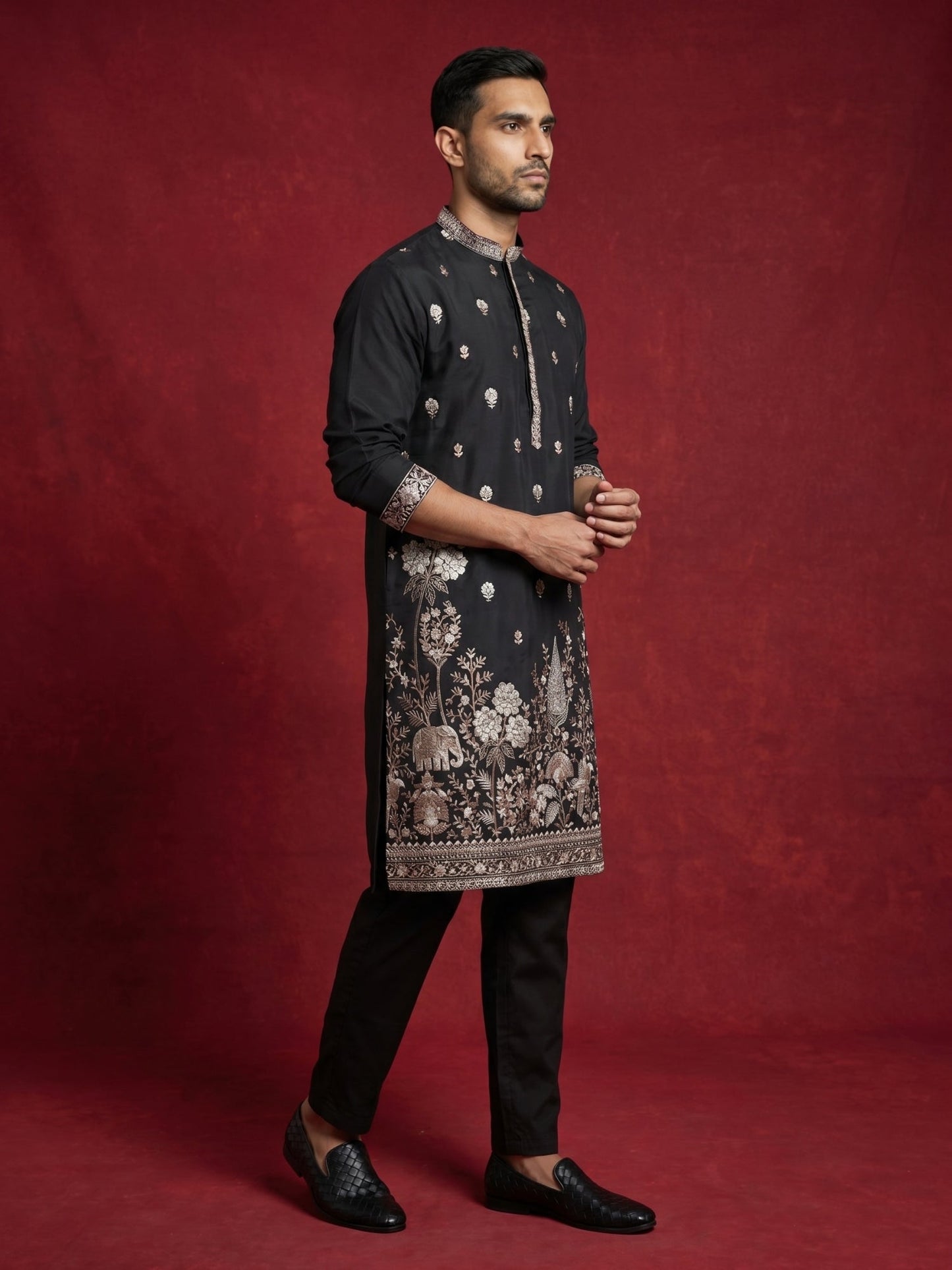 Floral Embroidered and Sequins Kurta Set ( JOKP B-P 5147Black )