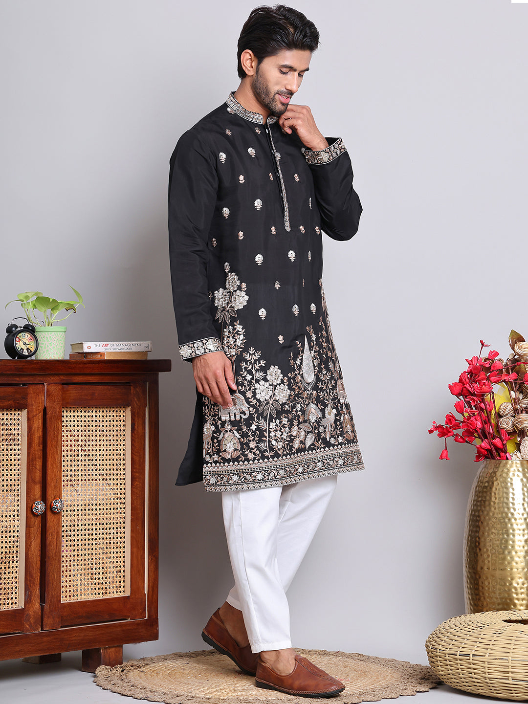 Floral Embroidered and Sequins Kurta Set ( JOKP 5147Black )