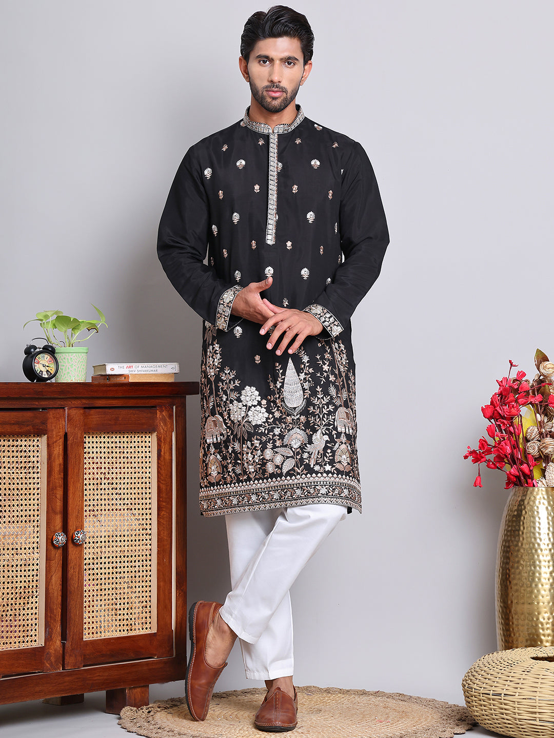 Floral Embroidered and Sequins Kurta Set ( JOKP 5147Black )