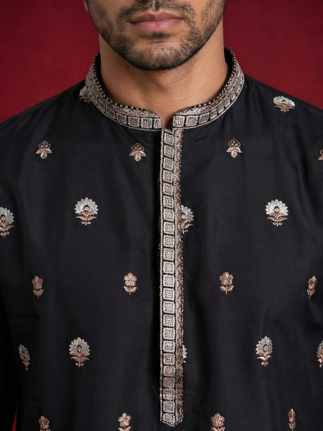 Floral Embroidered and Sequins Kurta Set ( JOKP B-P 5147Black )