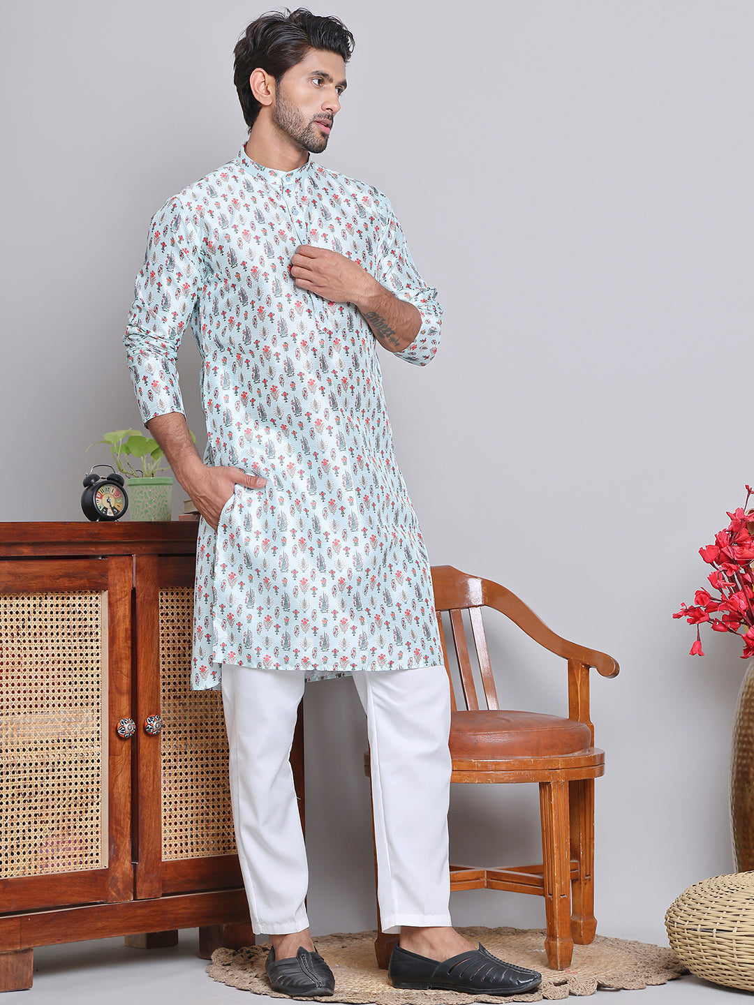Digital Printed Straight Kurta Set For Men ( JOKP 5148Firozi )