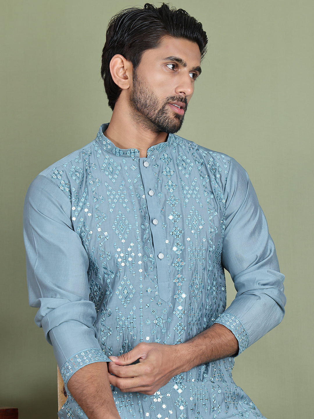 Embroidered and Mirror Work Kurta Pyjama Sets for Men ( JOKP 5149Blue )