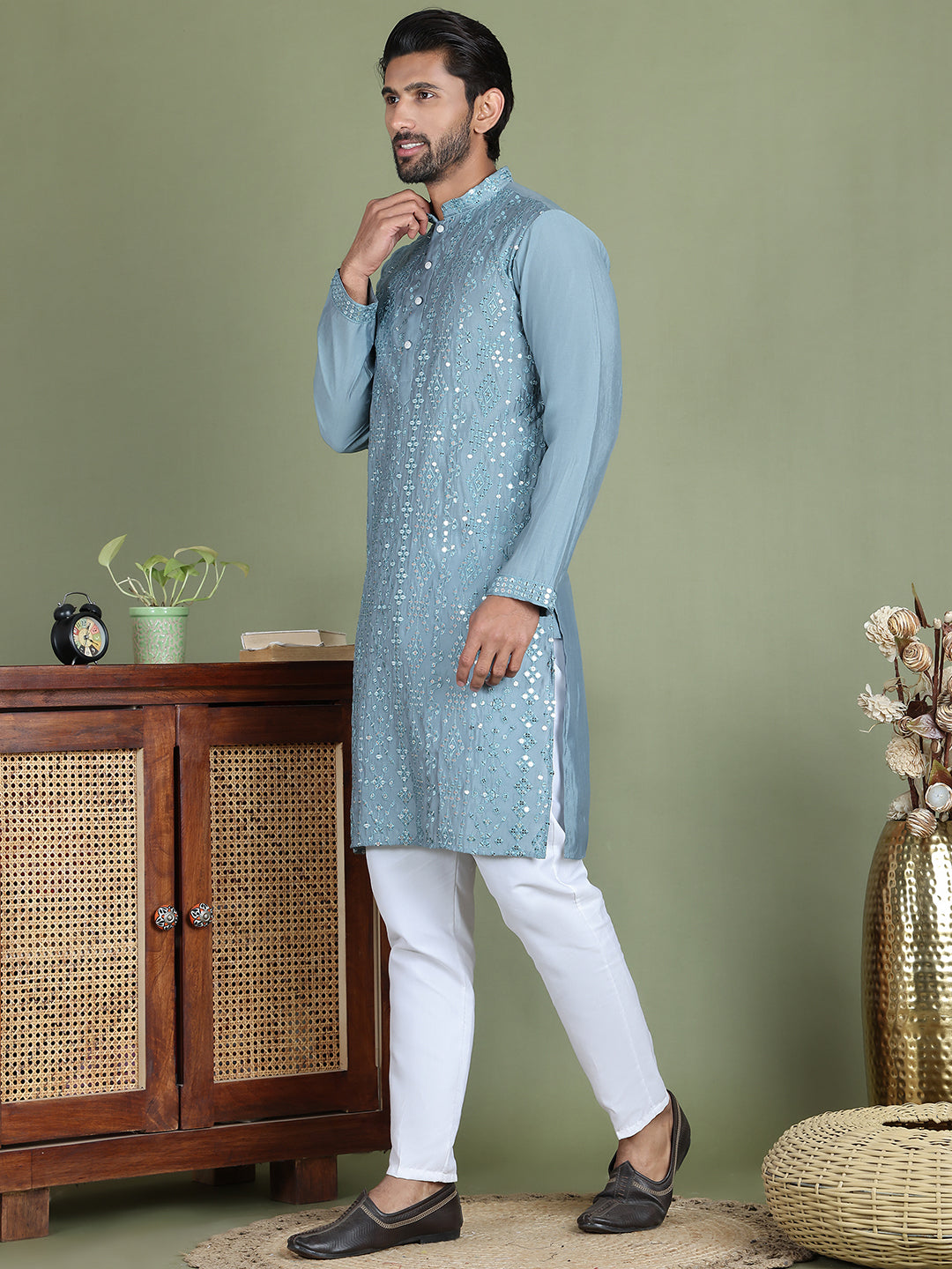Embroidered and Mirror Work Kurta Pyjama Sets for Men ( JOKP 5149Blue )