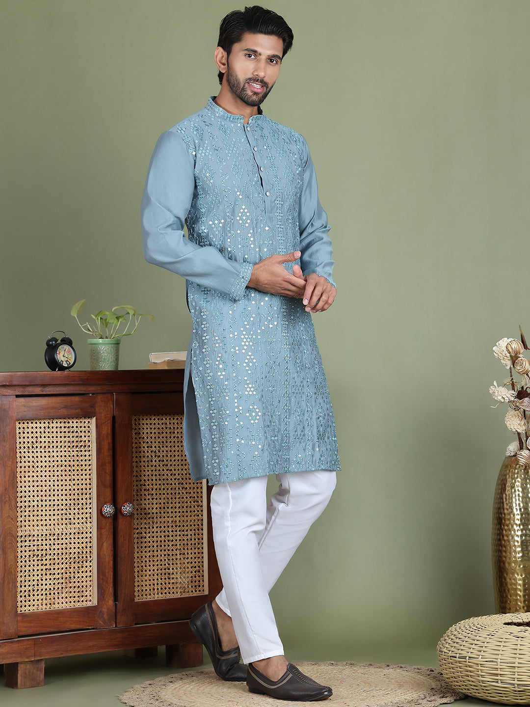 Embroidered and Mirror Work Kurta Pyjama Sets for Men ( JOKP 5149Blue )