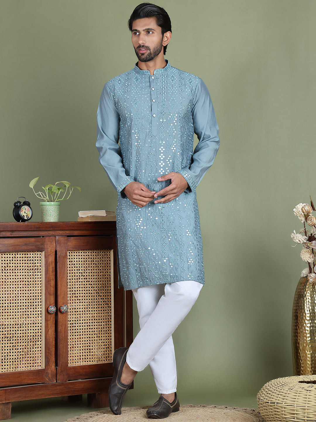 Embroidered and Mirror Work Kurta Pyjama Sets for Men ( JOKP 5149Blue )
