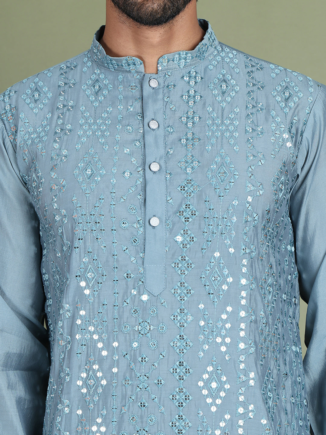 Embroidered and Mirror Work Kurta Pyjama Sets for Men ( JOKP 5149Blue )