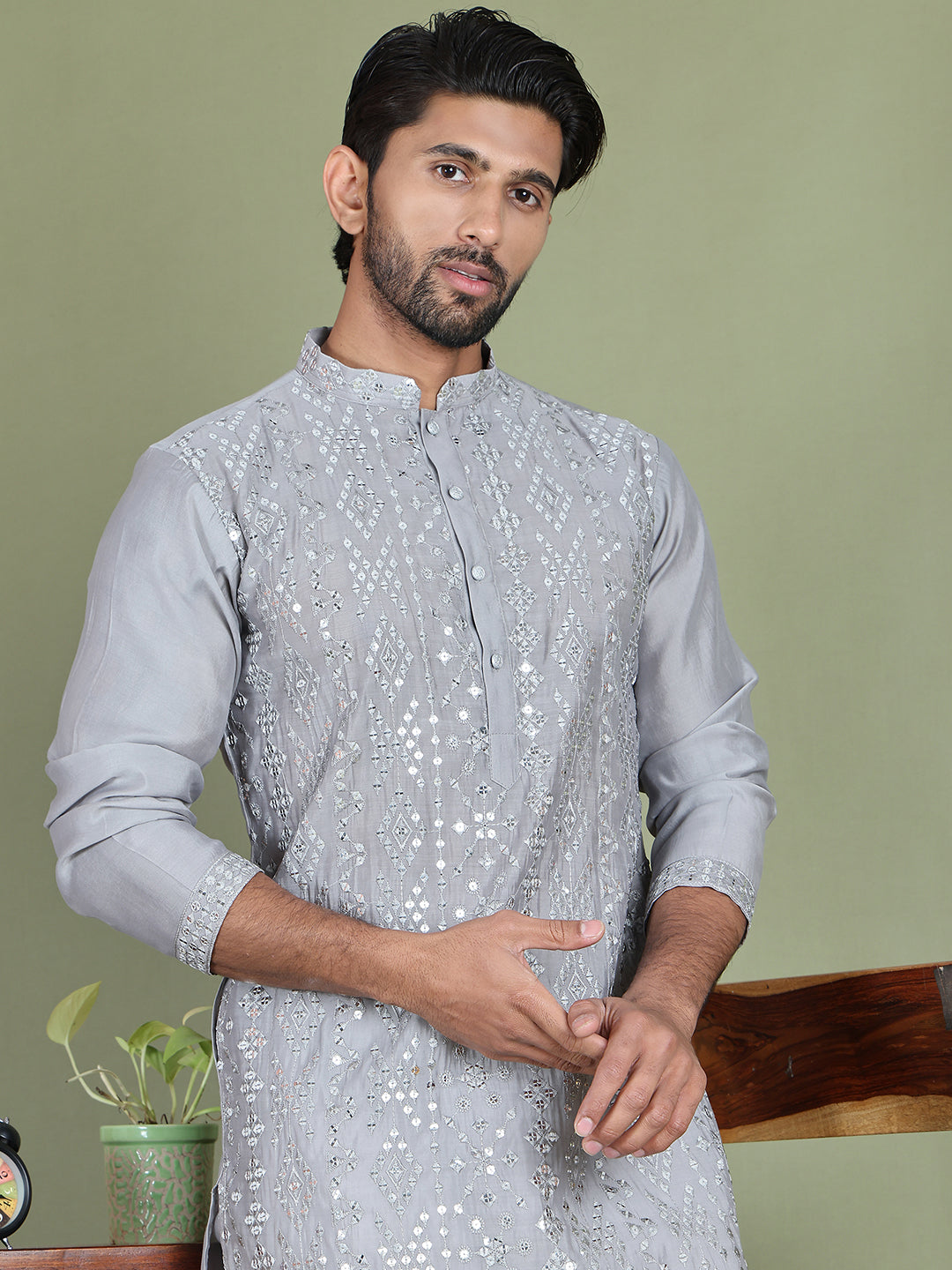 Embroidered and Mirror Work Kurta Pyjama Sets for Men ( JOKP 5149Grey )