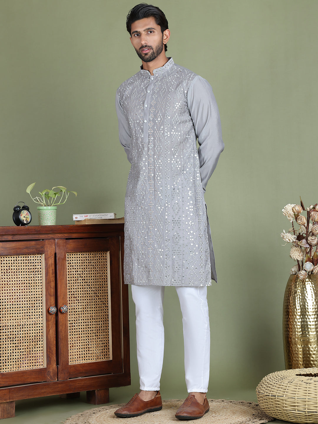 Embroidered and Mirror Work Kurta Pyjama Sets for Men ( JOKP 5149Grey )