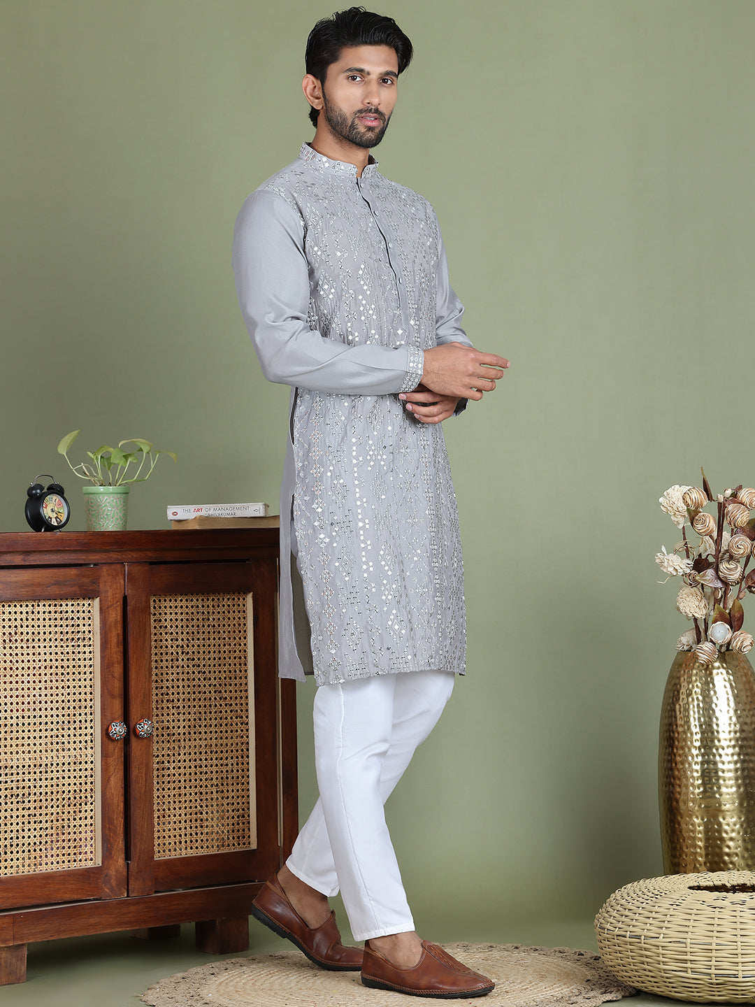 Embroidered and Mirror Work Kurta Pyjama Sets for Men ( JOKP 5149Grey )