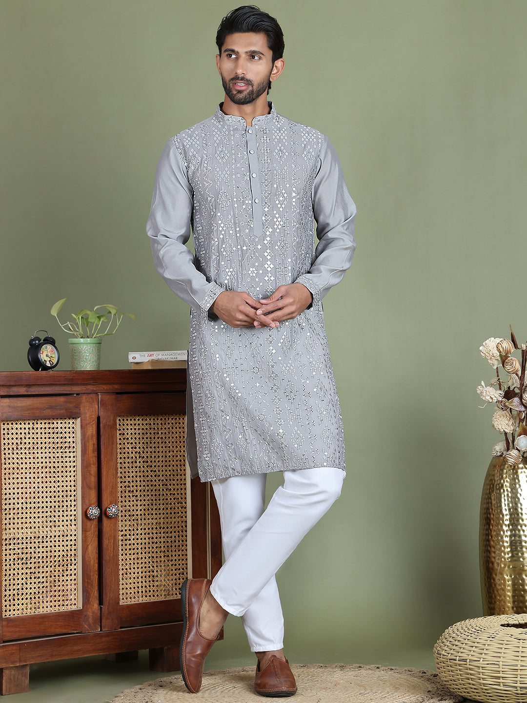 Embroidered and Mirror Work Kurta Pyjama Sets for Men ( JOKP 5149Grey )