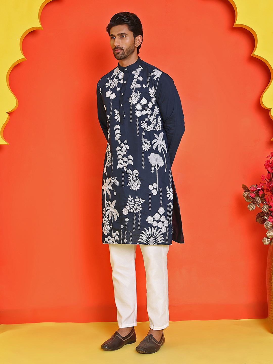 Embroidered Straight Kurta Pyjama Set ( JOKP P 5150 Navy )