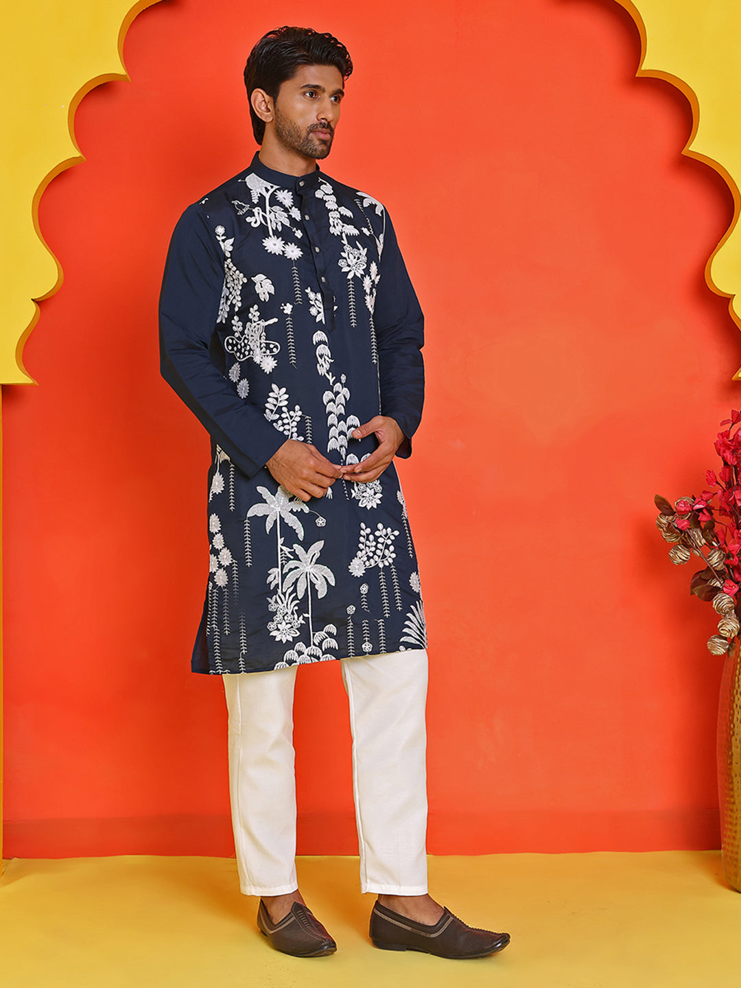 Embroidered Straight Kurta Pyjama Set ( JOKP P 5150 Navy )