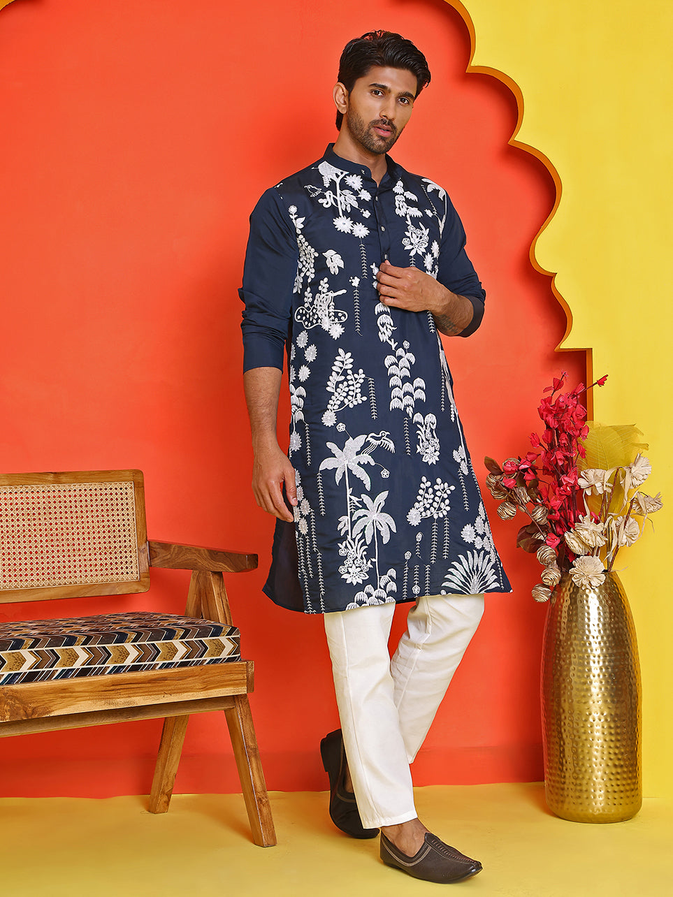 Embroidered Straight Kurta Pyjama Set ( JOKP P 5150 Navy )