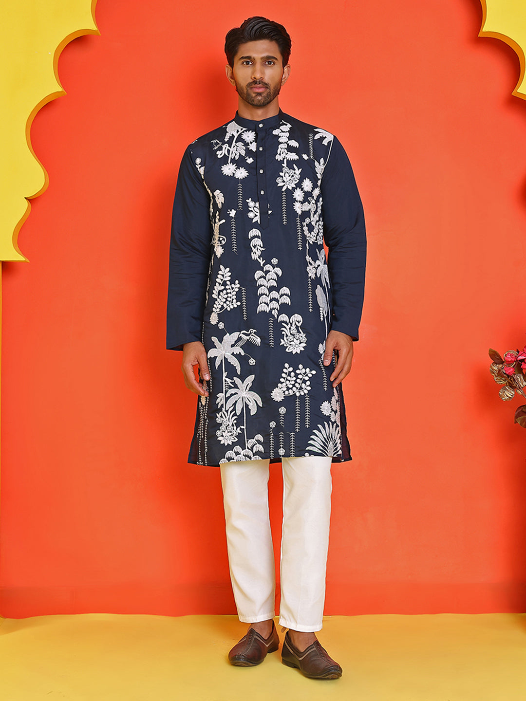 Embroidered Straight Kurta Pyjama Set ( JOKP P 5150 Navy )
