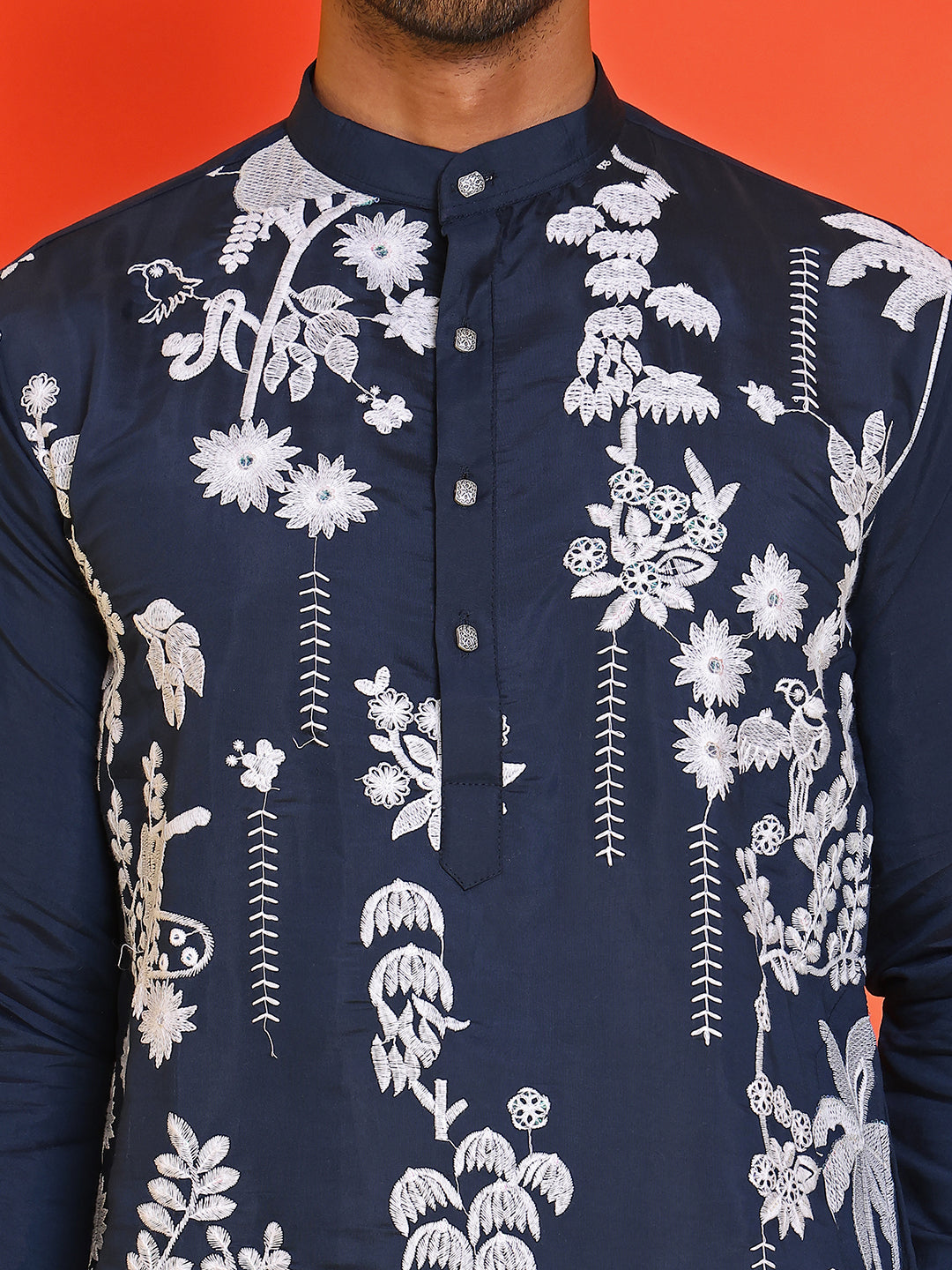 Embroidered Straight Kurta Pyjama Set ( JOKP P 5150 Navy )