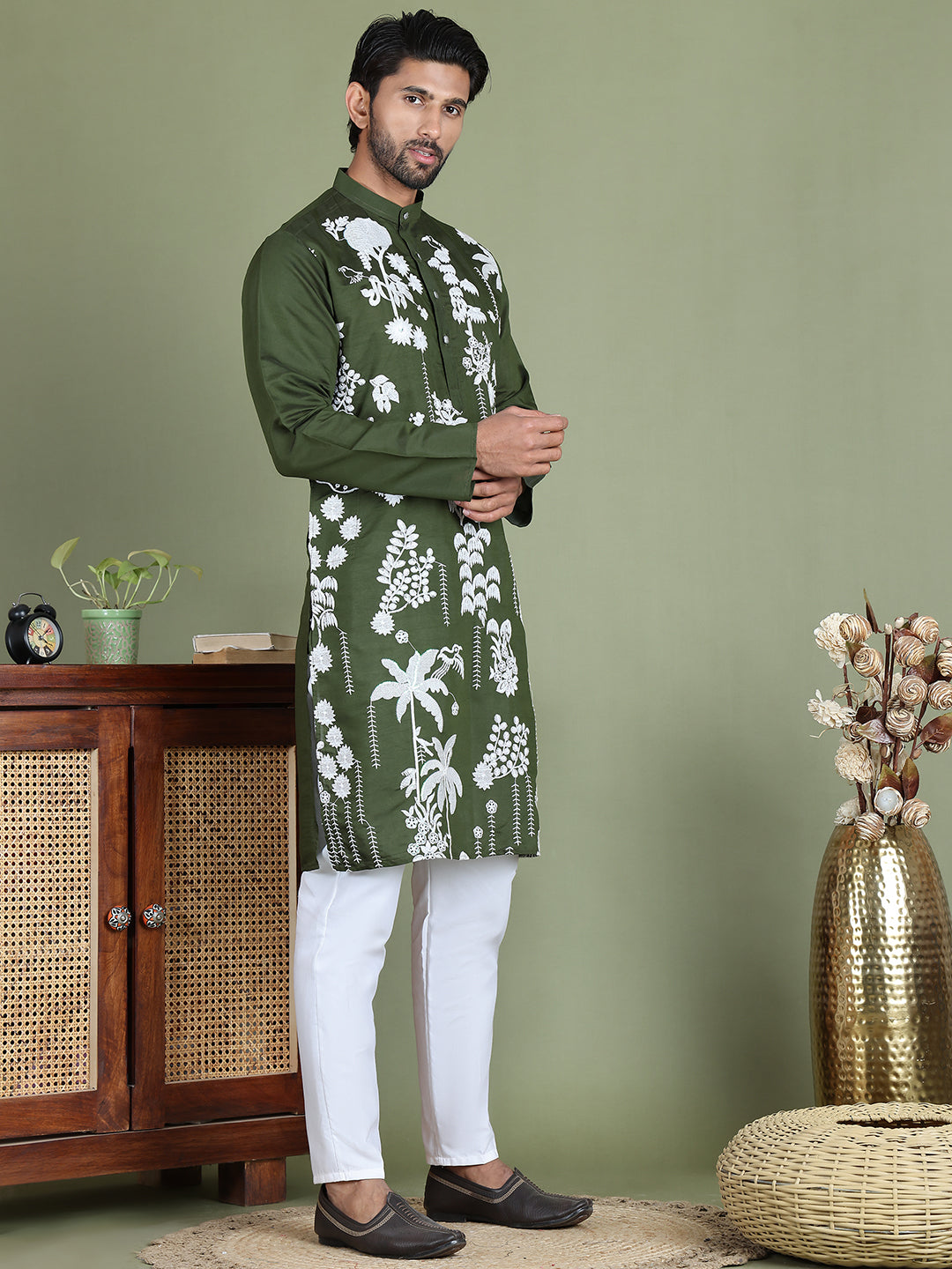 Embroidered Straight Kurta Pyjama Set ( JOKP 5150Olive )