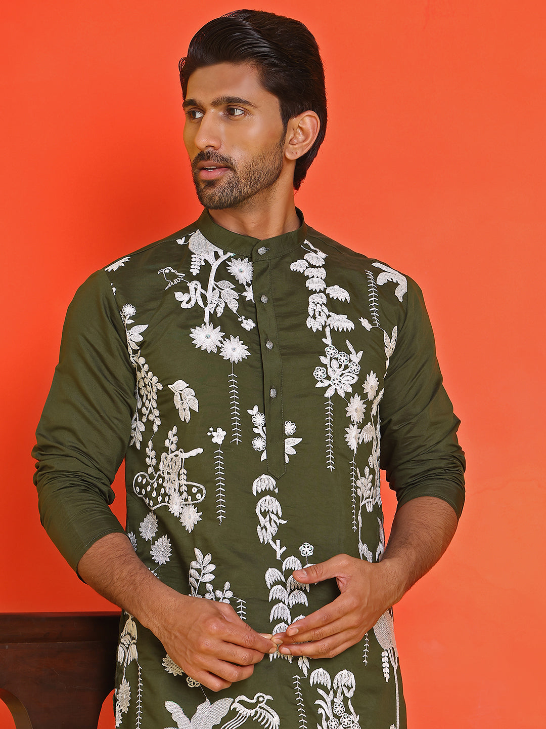 Embroidered Straight Kurta Pyjama Set ( JOKP P 5150 Olive )