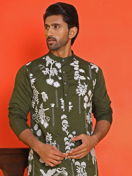 Embroidered Straight Kurta Pyjama Set ( JOKP P 5150 Olive )