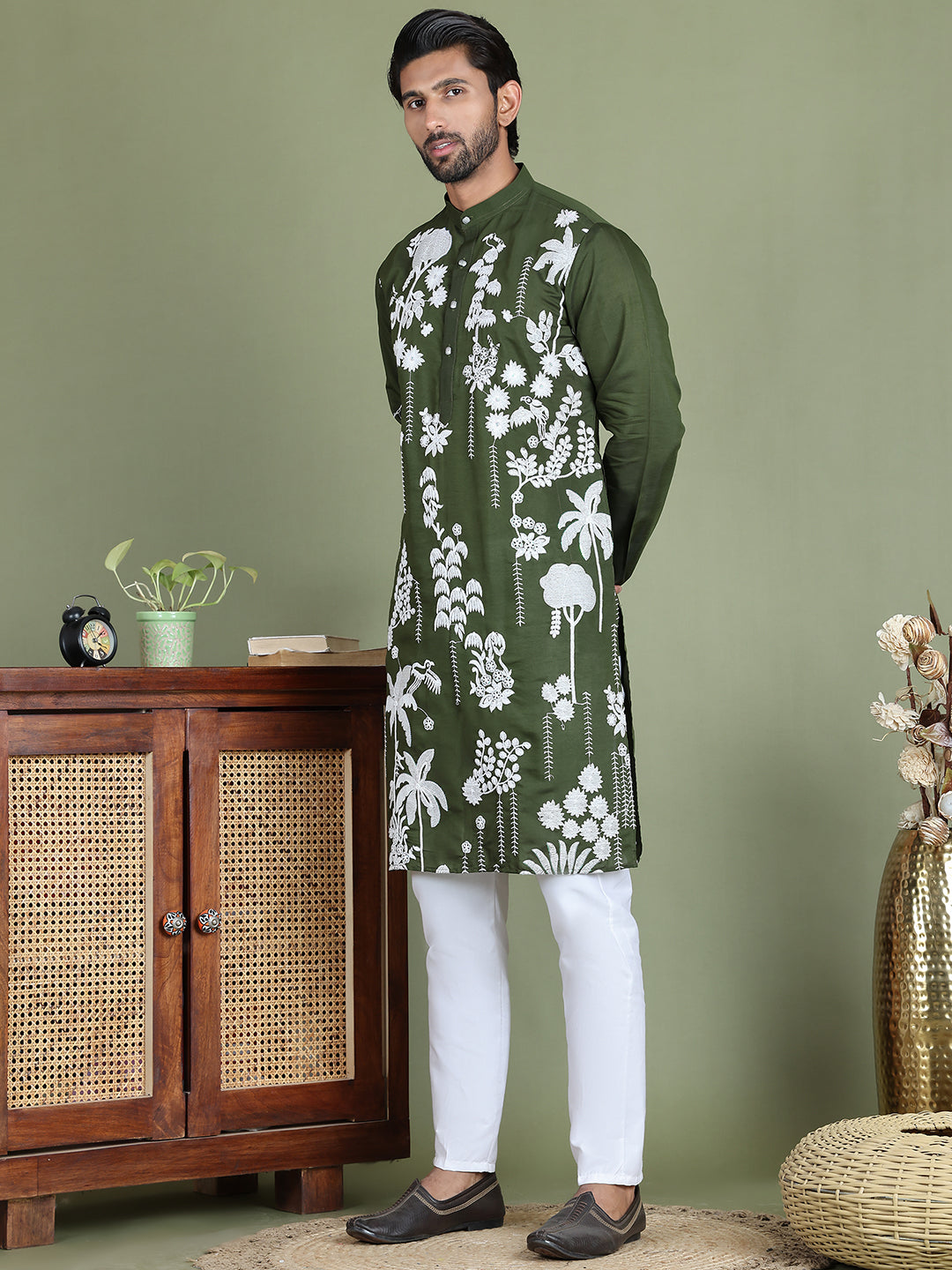 Embroidered Straight Kurta Pyjama Set ( JOKP 5150Olive )