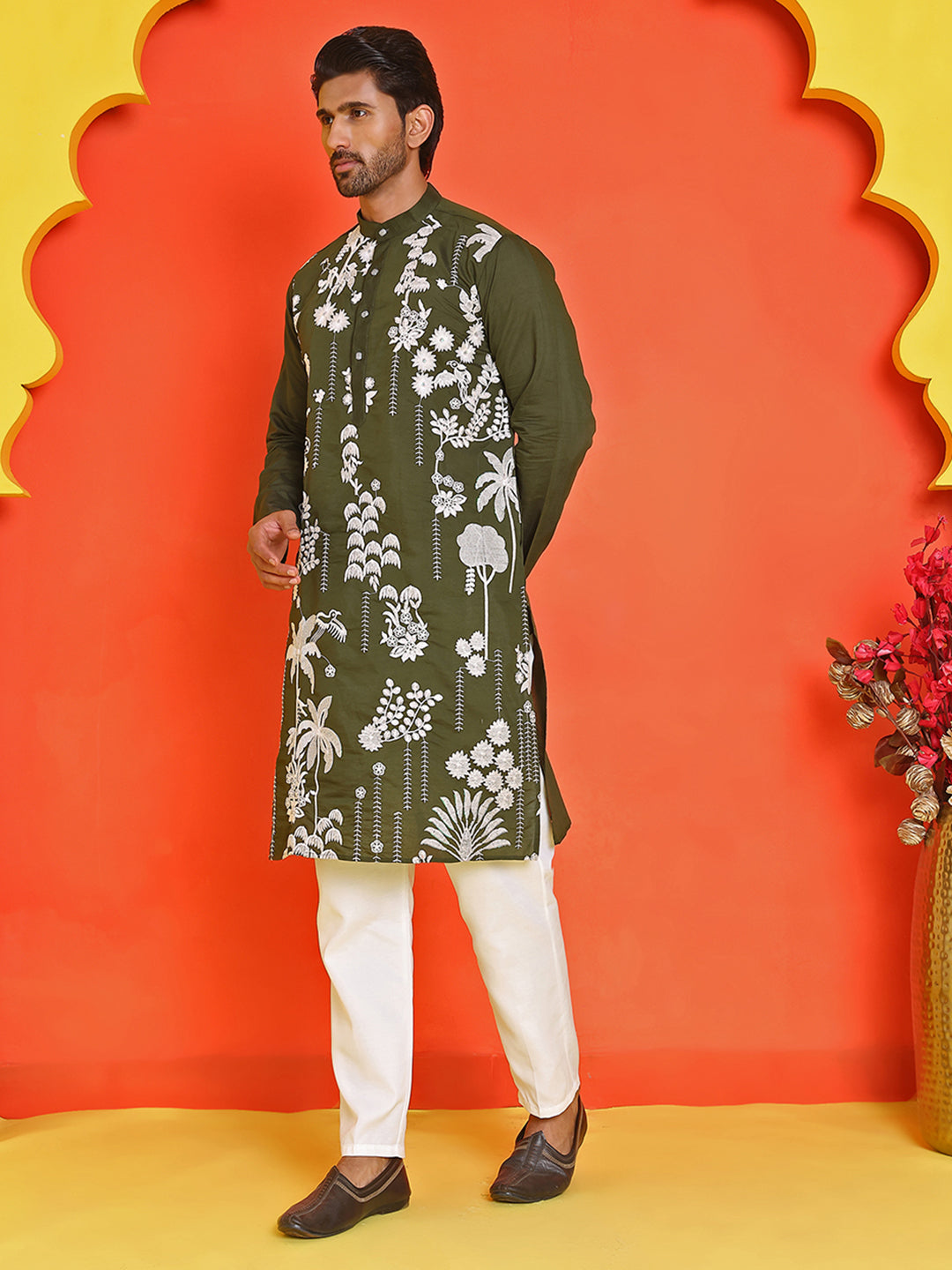 Embroidered Straight Kurta Pyjama Set ( JOKP P 5150 Olive )