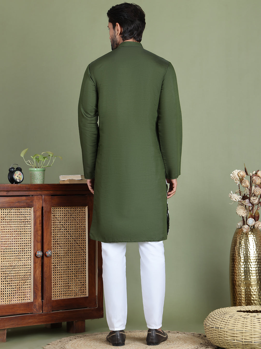 Embroidered Straight Kurta Pyjama Set ( JOKP 5150Olive )