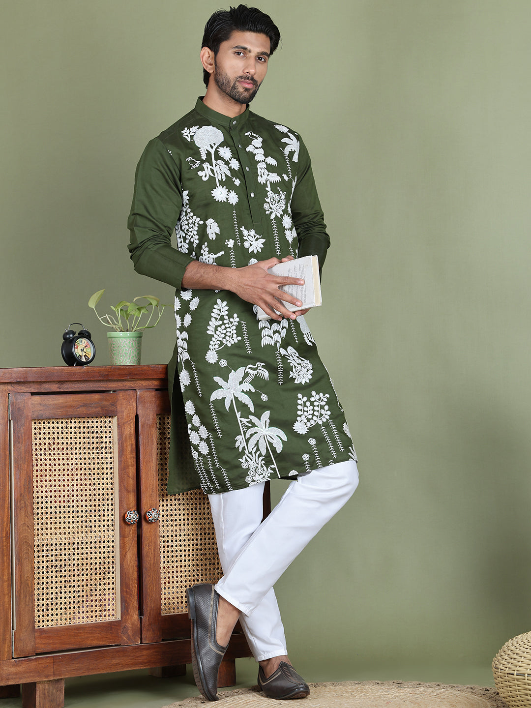Embroidered Straight Kurta Pyjama Set ( JOKP 5150Olive )