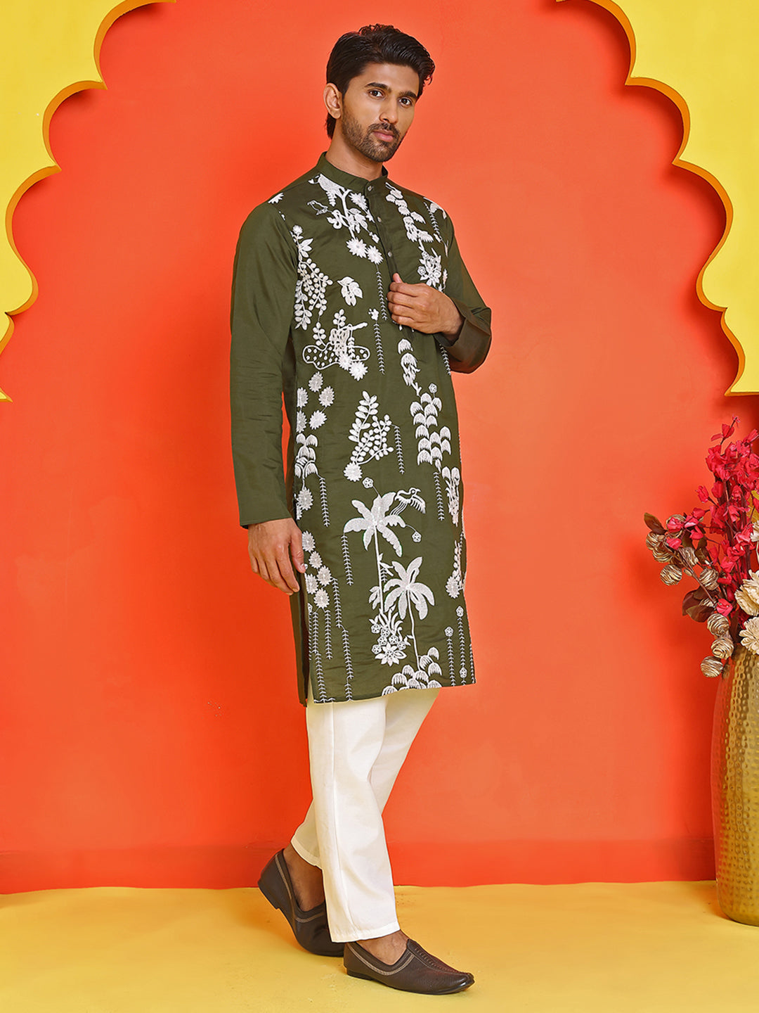 Embroidered Straight Kurta Pyjama Set ( JOKP P 5150 Olive )