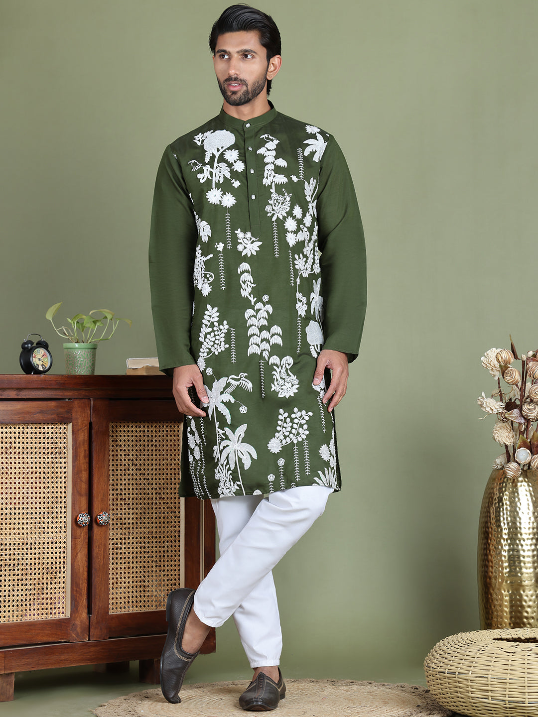 Embroidered Straight Kurta Pyjama Set ( JOKP 5150Olive )