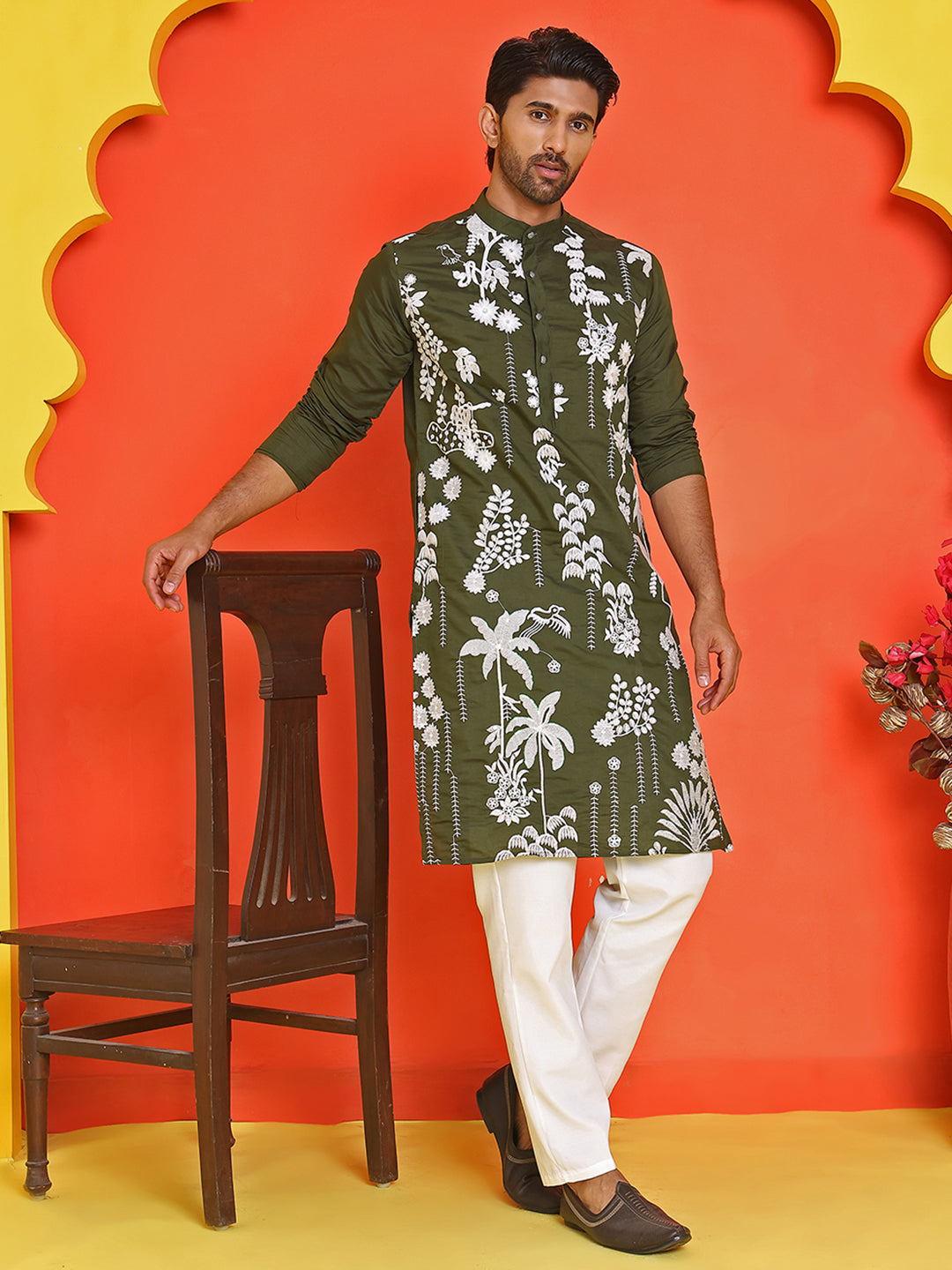 Embroidered Straight Kurta Pyjama Set ( JOKP P 5150 Olive )