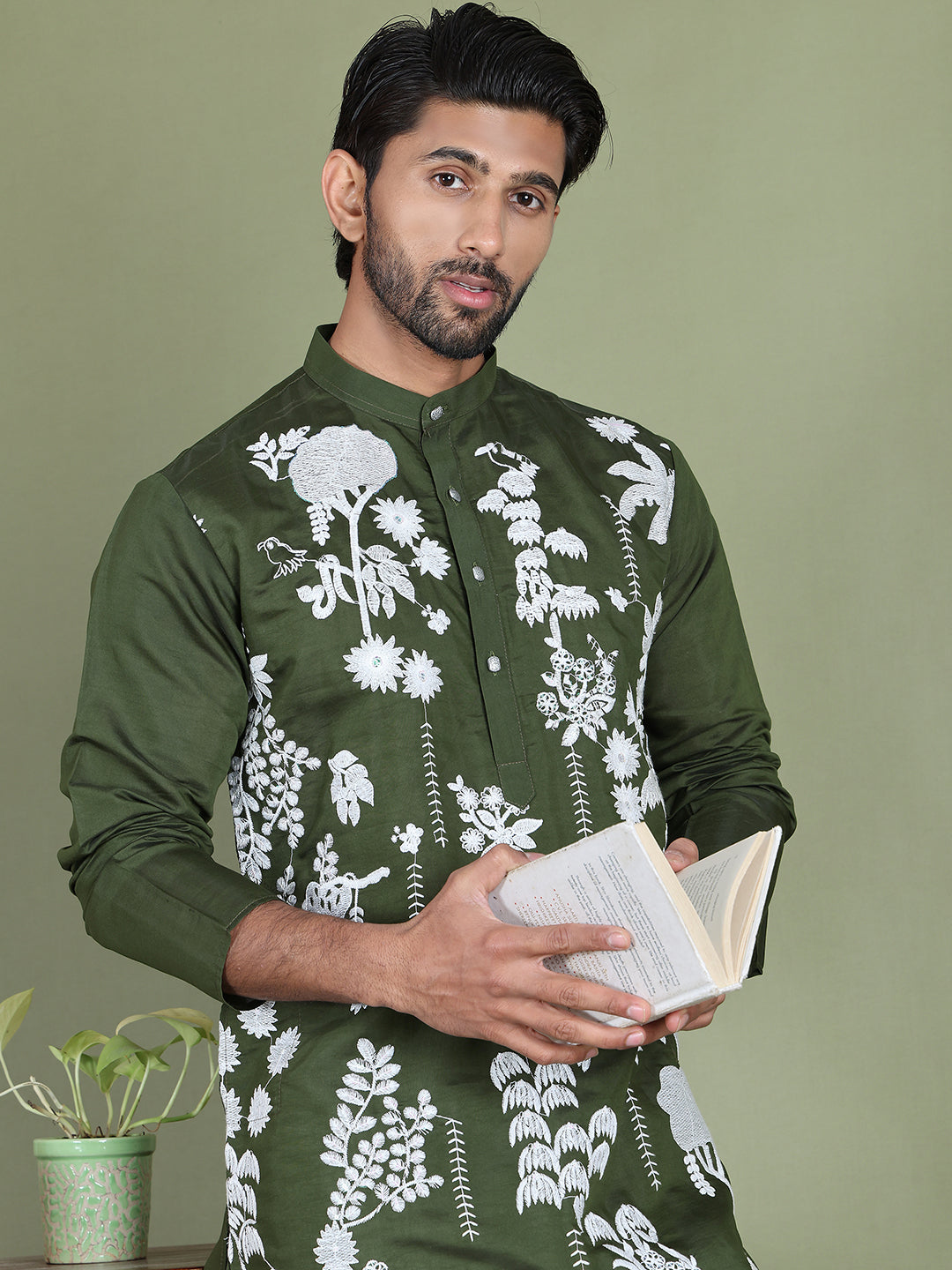 Embroidered Straight Kurta Pyjama Set ( JOKP 5150Olive )
