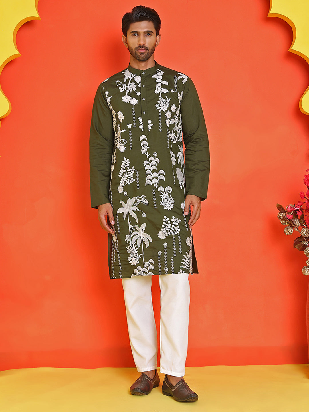 Embroidered Straight Kurta Pyjama Set ( JOKP P 5150 Olive )