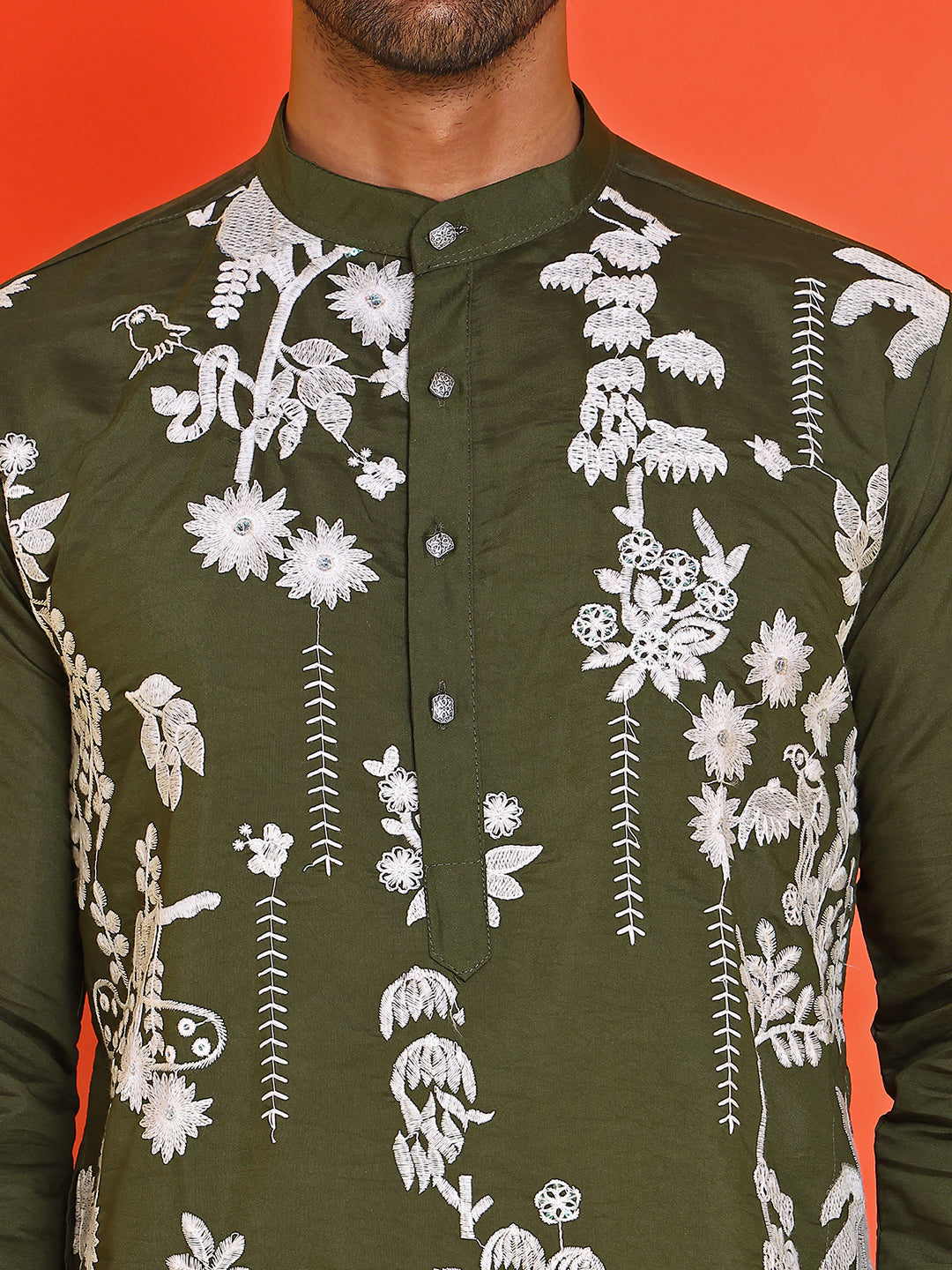 Embroidered Straight Kurta Pyjama Set ( JOKP P 5150 Olive )